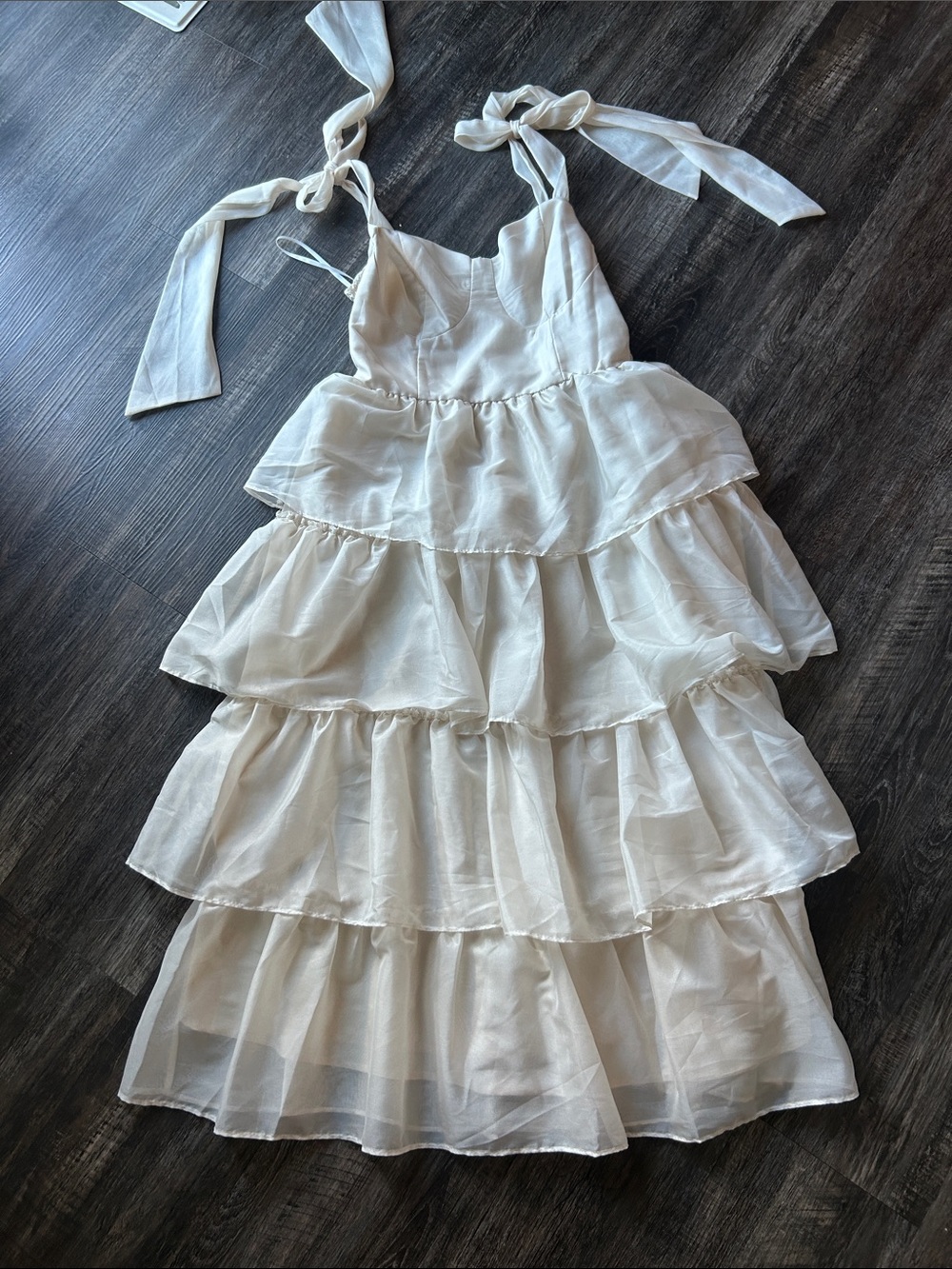 Ivory Tiered Halter Midi Dress with Bow Ties